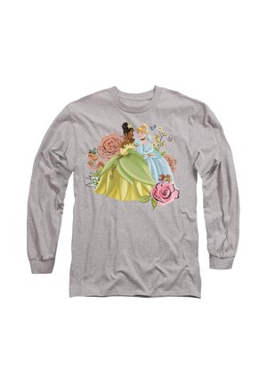 Gray long-sleeve shirt featuring a graphic of two Disney princesses in vibrant dresses, surrounded by floral accents in soft colors.