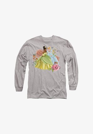 Graues Langarmshirt mit einem Grafikmotiv von zwei Disney-Prinzessinnen in lebhaften Kleidern, umgeben von floralen Akzenten in sanften Farben.