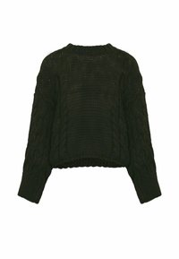 Melna īsā džemperis ar teksturētu adījumu, kuram ir apaļa kakla izgriezums un platās piedurknes. Kabeladījuma raksts piedurkņu un ķermeņa daļā.