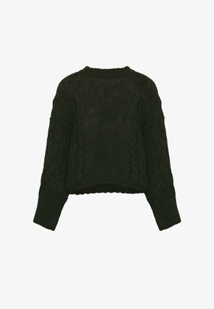 Czarny skrócony sweter z teksturowanym splotem, z okrągłym dekoltem i szerokimi rękawami. Splot w warkocze na rękawach i korpusie.