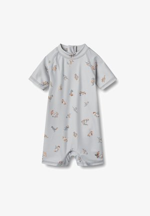 Maillot de bain gris clair à manches courtes avec une fermeture éclair, présentant un motif d'animaux marins ludiques dans des couleurs atténuées. Fabriqué en tissu extensible et à séchage rapide.