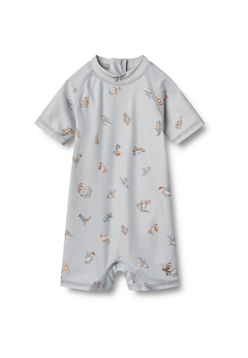 Lys grå kortærmet svømmedragt med lynlås, der har et mønster af legesyge havdyr i dæmpede farver. Lavet af strækbart, hurtigtørrende materiale.
