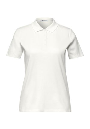 Wit poloshirt met korte mouwen, kraag en knoopsluiting, van voren getoond tegen een effen achtergrond.