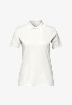 Wit poloshirt met korte mouwen, kraag en knoopsluiting, van voren getoond tegen een effen achtergrond.