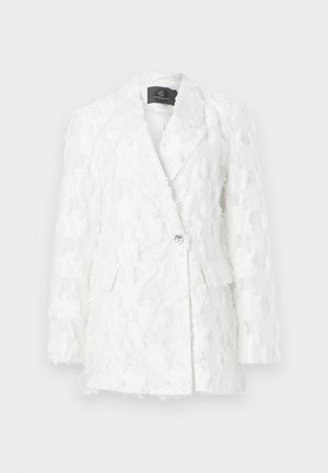 Weißer strukturierter Blazer mit Kerbklappen, einfacher Knopfleiste mit Kristallknopf, Klappentaschen und langen Ärmeln.