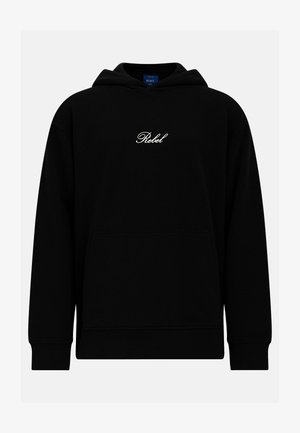 Svart hettegenser laget av bomullsblanding, med en frontlomme og "Rebel"-logo i hvit kursiv på brystet. Klassisk passform.