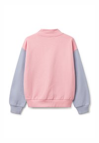 Light pink sweatshirt with long gray sleeves, ribbed cuffs, and hem. Soft texture, collar detail at the back, and a relaxed fit.