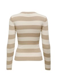 Beżowy i kremowy sweter w paski z prążkowanej tkaniny, z długimi rękawami, dopasowanym krojem i okrąg�łym dekoltem. Miękka tekstura z poziomymi paskami.