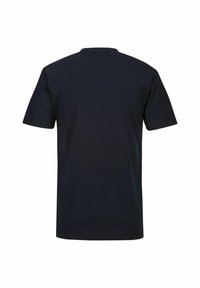 Donkerblauwe T-shirt met korte mouwen, ronde hals, gemaakt van katoen. Gladde textuur zonder zichtbare patronen of accenten. Effen kleur ontwerp.