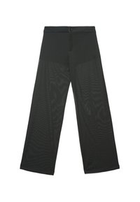 Schwarzweite Hosen aus leichtem, transparentem Material mit glatter Oberfläche. Verfügt über einen Knopfverschluss an der Taille.