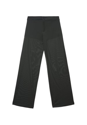 Schwarzweite Hosen aus leichtem, transparentem Material mit glatter Oberfläche. Verfügt über einen Knopfverschluss an der Taille.