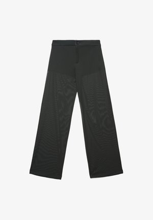 Pantalons noirs à jambe large fabriqués dans un matériau léger et transparent avec une texture lisse. Dotés d'une fermeture à bouton à la taille.