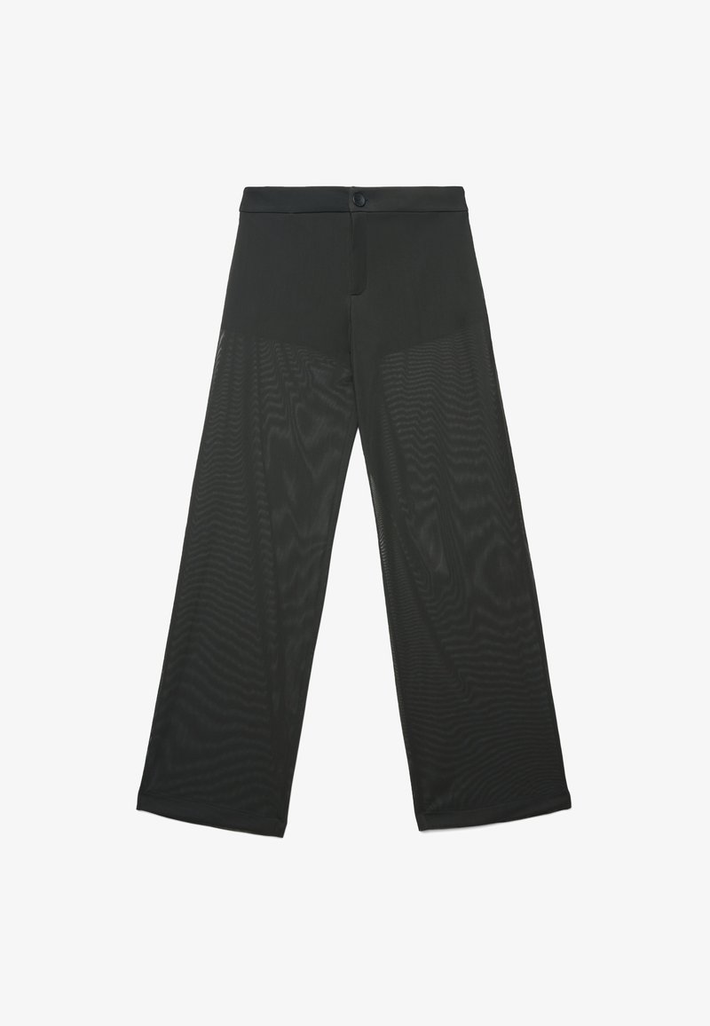 Pantaloni neri a gamba larga realizzati in materiale leggero e trasparente con una texture liscia. Presentano una chiusura con bottone in vita.