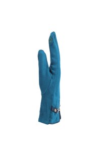 Guanto in suede teal con design allungato, tre dita, un pollice e un accenno in pelle blu con una chiusura in metallo per una vestibilità sicura.