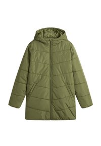 Chaqueta de plumas verde oliva con capucha, cierre de cremallera y bolsillos laterales. Presenta un patrón de acolchado horizontal y un logotipo sutil en el pecho.