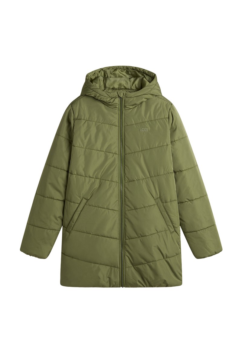 Chaqueta de plumas verde oliva con capucha, cierre de cremallera y bolsillos laterales. Presenta un patrón de acolchado horizontal y un logotipo sutil en el pecho.