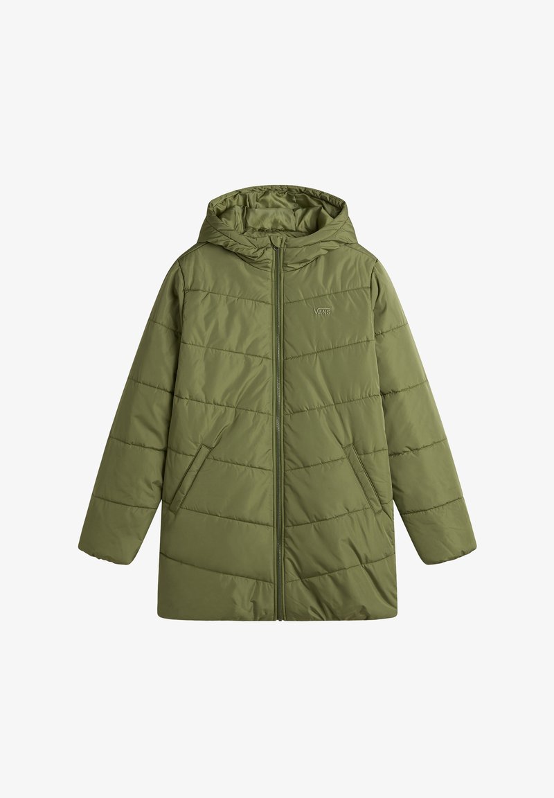 Olivgrön pufferjacka med huva, dragkedjestängning och sidofickor. Har ett horisontellt quiltat mönster och en diskret logotyp på bröstet.
