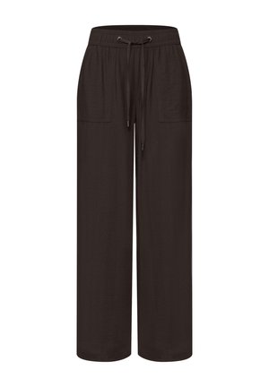Pantalon noir à jambes larges avec taille élastique, cordon ajustable et deux poches plaquées à l'avant.