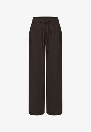 Czarne spodnie o szerokich nogawkach z elastycznym pasem, regulowanym sznurkiem i dwoma przednimi kieszeniami nakładanymi.