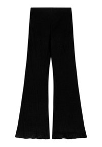 Svarta ribbade flarebyxor med hög midja och en strukturerad yta, med en design med vida ben som fladdrar ut nedtill.
