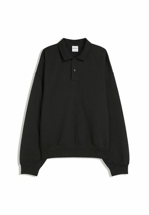 Black pullover sweater featuring a classic polo collar, two-button placket, and ribbed cuffs and hem. Made from soft, textured fabric.