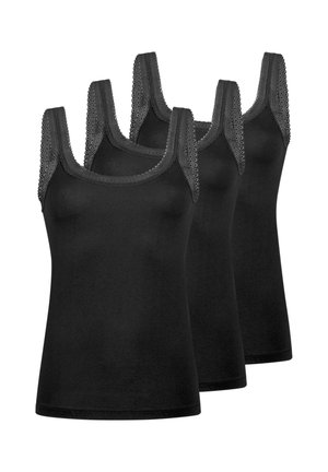 Trois hauts noirs sans manches pour femmes avec bordure en dentelle sur les bretelles et le décolleté, disposés en rangée décalée sur un fond blanc.