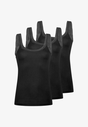 Trois hauts noirs sans manches pour femmes avec bordure en dentelle sur les bretelles et le décolleté, disposés en rangée décalée sur un fond blanc.