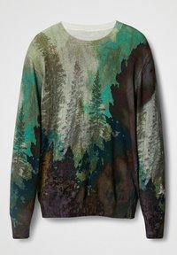 Trui met een door het bos geïnspireerd patroon in tinten groen, teal en donkerpaars. Gestructureerd materiaal met een ronde hals en geribbelde manchetten.