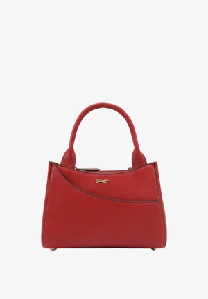 Red leather handbag with rounded handles, a structured shape, and curved accents. Features a gold logo detail on the front.