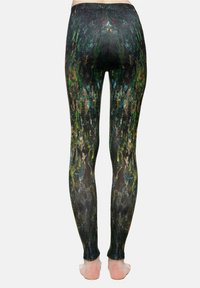 Zwarte legging met een levendig abstract patroon in groen, geel en blauw. Gemaakt van rekbare stof, met een figuur-hugging ontwerp en een gladde textuur.
