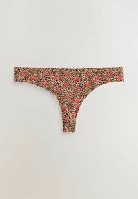 Leopard-print thong with red cherry patterns, made of soft fabric, featuring a thin waistband and minimal coverage design.