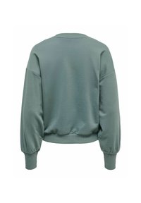 Vue arrière d’un pull uni vert sourd à manches longues avec poignets et ourlet côtelés, avec une coupe décontractée et des épaules tombantes.