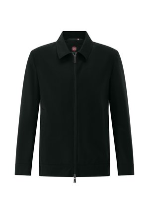 Schwarze Zip-Up-Jacke mit Kragen, langen Ärmeln und einfachem, glattem Design, auf weißem Hintergrund gezeigt.