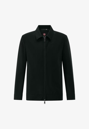 Schwarze Zip-Up-Jacke mit Kragen, langen Ärmeln und einfachem, glattem Design, auf weißem Hintergrund gezeigt.