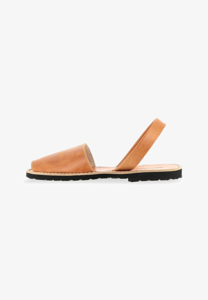 Tan leather sandals with an open toe design and a single strap at the heel. Black rubber sole with visible stitching on the edge.