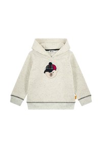 Cremefarbener Hoodie mit gesprenkelter Textur, versehen mit einem Bären-Applikation, der eine mehrfarbige Kappe trägt. Mit gerippten Bündchen und Saum.