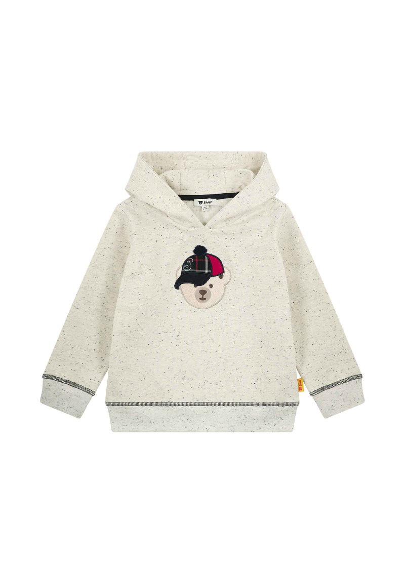 Cremefarbener Hoodie mit gesprenkelter Textur, versehen mit einem Bären-Applikation, der eine mehrfarbige Kappe trägt. Mit gerippten Bündchen und Saum.