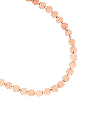 Collana a cerchio in oro rosa, caratterizzata da dischi lisci e riflettenti, interconnessi da sottili anelli di metallo. Design leggero e flessibile.