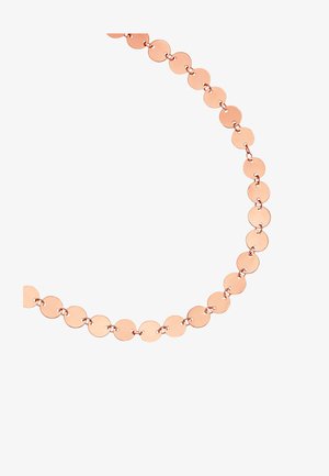 Collana a cerchio in oro rosa, caratterizzata da dischi lisci e riflettenti, interconnessi da sottili anelli di metallo. Design leggero e flessibile.