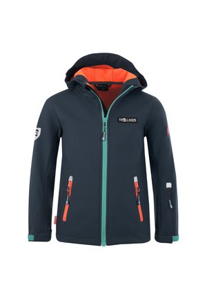 Children's navy softshell jacket with bright orange fleece lining, turquoise zipper, hood, and multiple zippered pockets, featuring Trollkids logo.