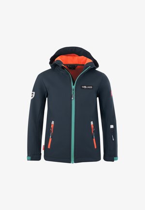 Kinder-Navy-Softshelljacke mit leuchtend orangefarbenem Fleecefutter, türkisfarbenem Reißverschluss, Kapuze und mehreren Reißverschlusstaschen, mit Trollkids-Logo.