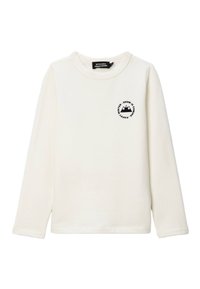 Pull-over en coton à manches longues de couleur crème, avec un col rond et un logo de montagne noir imprimé accompagné de texte sur la poitrine.