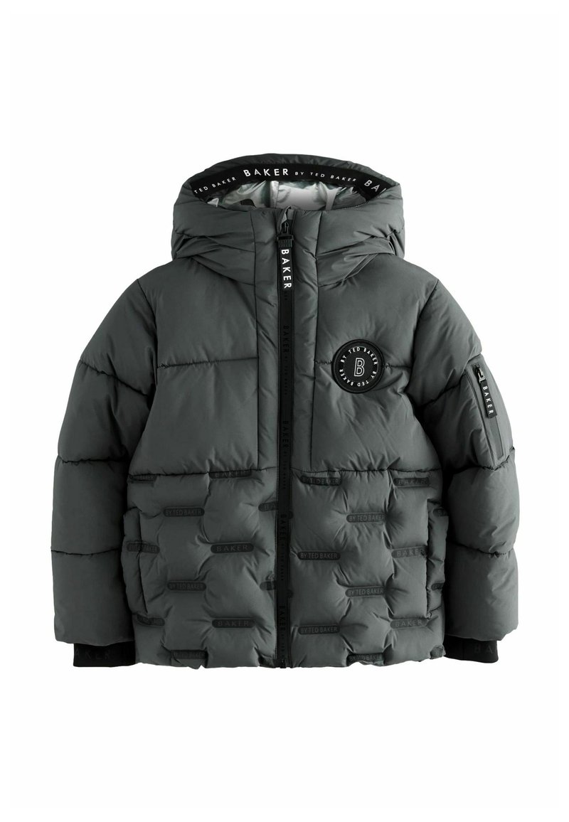 Graue gepolsterte Jacke mit Kapuze, ausgestattet mit einem schwarzen Reißverschluss, gebrandeten Akzenten und einem Gummilogo-Patch auf der Brust. Strukturiertes, gesteppte Design.