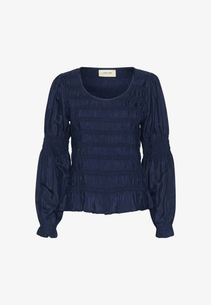 Bluză bleu marin cu detalii elastice, mâneci lungi cu volane și tiv cu volane. Confecționată dintr-un material neted și ușor.