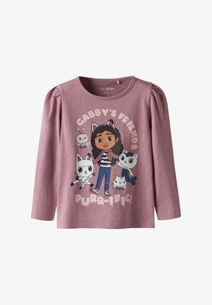 Lila shirt met lange mouwen voor peuters met een cartoonmeisje met kattenoren en vier dierenvriendjes, tekst "Gabby's Friends Purr-ific!" op de voorkant.