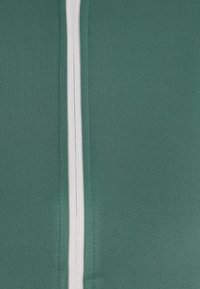 Grünes Zip-up-Bekleidungsstück mit einem weißen Reißverschluss, vermittelt eine glatte Textur und ein figurbetontes Design; keine sichtbaren Muster oder zusätzlichen Akzente.