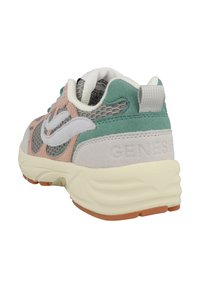 Sneaker featuring a multi-color mesh and suede upper in pink, gray, and teal, with a cushioned cream midsole and rubber outsole.