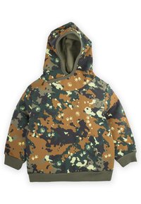 Sudadera con capucha en un patrón de camuflaje marrón, verde y negro con acentos de hojas; hecha de una tela suave; puños y dobladillo acanalados.