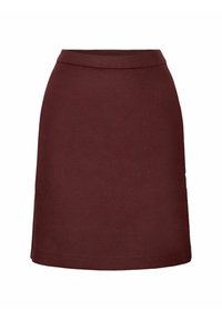 Jupe trapèze rouge foncé avec une taille ajustée, longueur genoux, en tissu lisse, présentée sur un fond blanc uni.