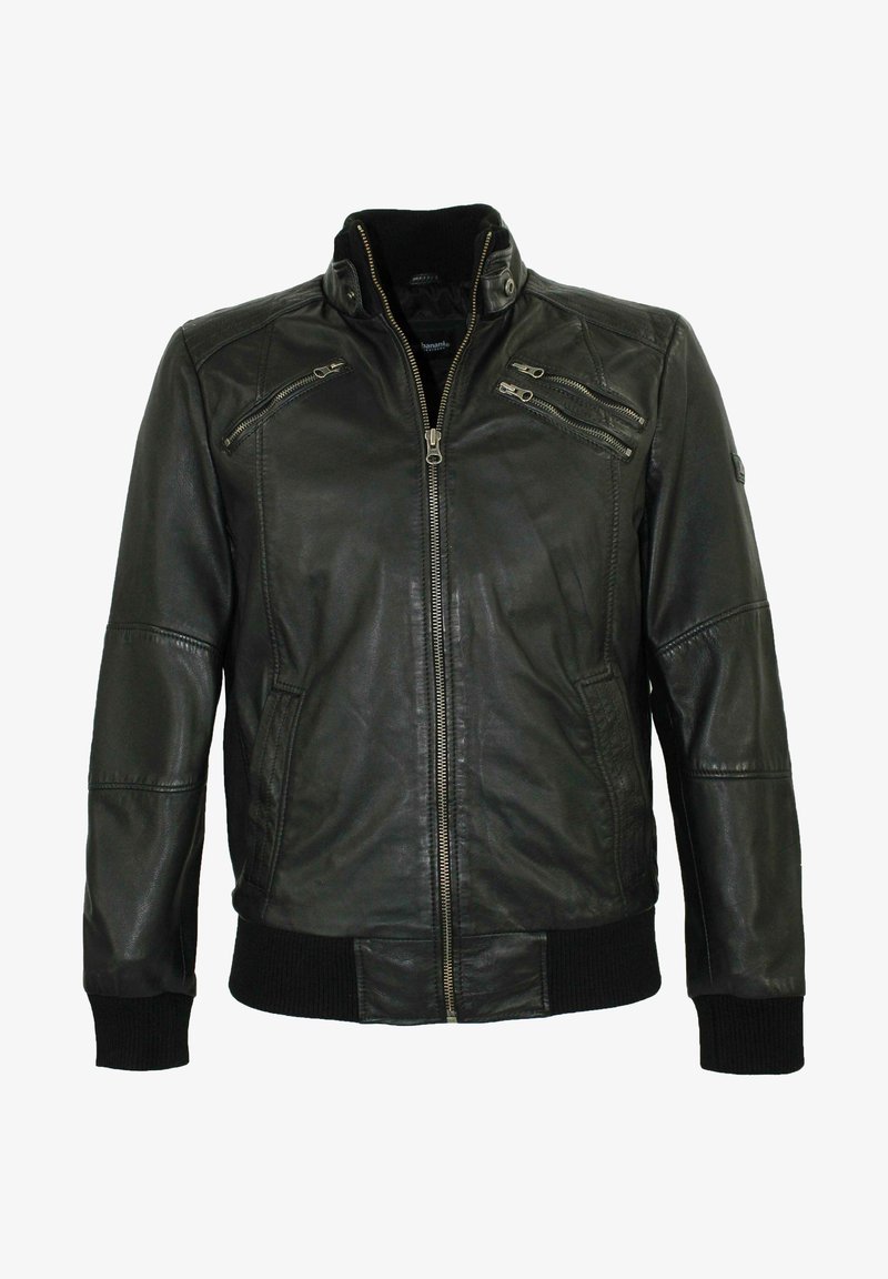 Schwarze Lederjacke mit einem Reißverschluss vorne, gerippten Bündchen und Kragen. Mit drei Reißverschluss-Brusttaschen und strukturierten Schulterpaneelen.